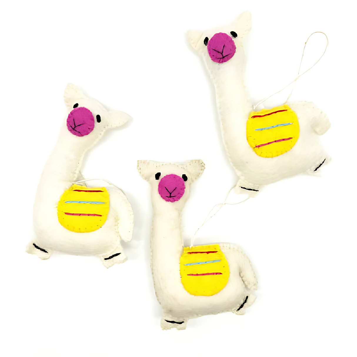 Trio of Hand-Stitched Felted Llama Ornaments