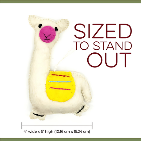 The Trio of Hand-Stitched Felted Llama Ornaments features a plush 4"x6" llama with a yellow saddle, shown beside "SIZED TO STAND OUT." Ideal for anyone who loves charming hand-felted llama decor.