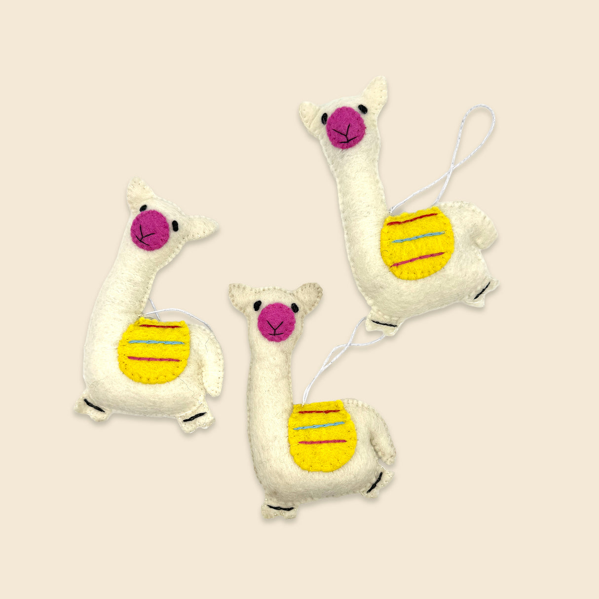 Trio of Hand-Stitched Felted Llama Ornaments