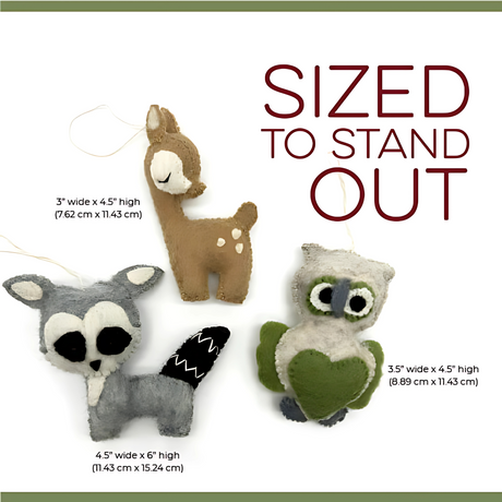 The Trio of Hand-Stitched Felted Woodland Ornaments—a deer, raccoon, and owl—are shown with their sizes, highlighting the charm of these artisan Christmas decorations.