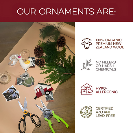 Trio of Hand-Stitched Felted Woodland Ornaments displayed with pinecones, photos, scissors, and greenery on a table, next to ornament feature icons.