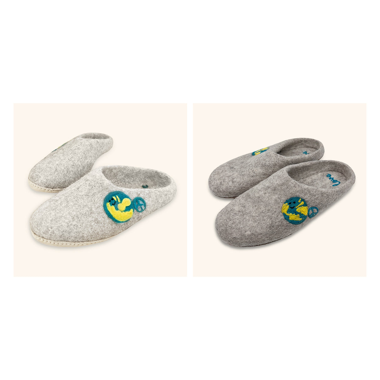 Two pairs of Love Ewe Hand-Felted Organic Wool Slippers for Men (Peace-LG) with blue and yellow earth patches are displayed on a light background, each crafted from sustainable wool and finished with hand-sewn suede soles.