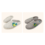 Two pairs of Love Ewe Hand-Felted Organic Wool Slippers for Men (Peace-LG) with blue and yellow earth patches are displayed on a light background, each crafted from sustainable wool and finished with hand-sewn suede soles.