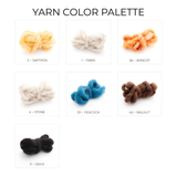 Seven skeins of wool in assorted colors, each labeled with its name and number, displayed on a white background—ideal for making the Lis (Forest) Wool Statement Throw or a cozy baby blanket.