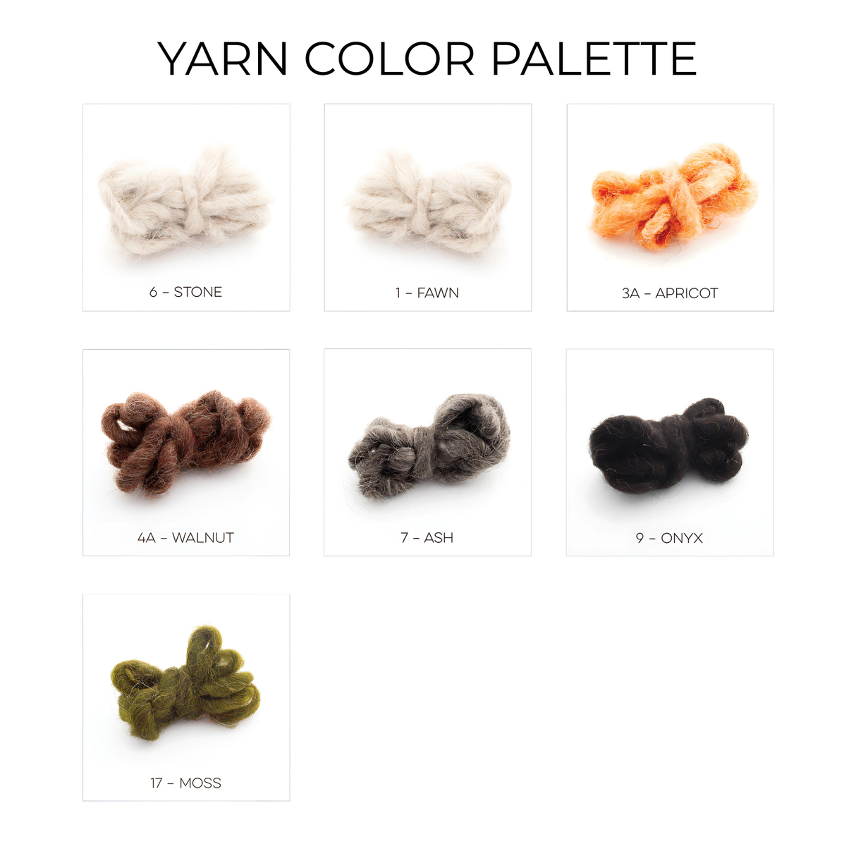 Seven labeled yarn samples in stone, fawn, apricot, walnut, ash, onyx, and moss—ideal hues to create your own Mudry (Wise) Wool Statement Baby Blanket or a cozy multi-colored throw.