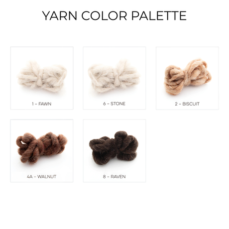 Five yarn skeins—Fawn, Stone, Biscuit, Walnut, and Raven—create a bold rhombus-dot design in the Myr (Peace) Wool Statement Bed Blanket, crafted from all-natural undyed yarns perfect for a standout blanket.