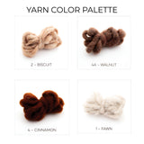 Four yarn samples—Biscuit, Walnut, Cinnamon, and Fawn—are displayed in a grid on white, perfect for pairing with Blazheny (Blissful) Wool Framed Wall Art or other eco-friendly wall décor.