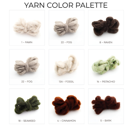 A yarn color palette with eight bundles—Fawn, Raven, Seaweed, and more—ideal for crafting the Diamant (Diamond) Wool Statement Bed Blanket or a cozy Carpathian Mountain-inspired design.