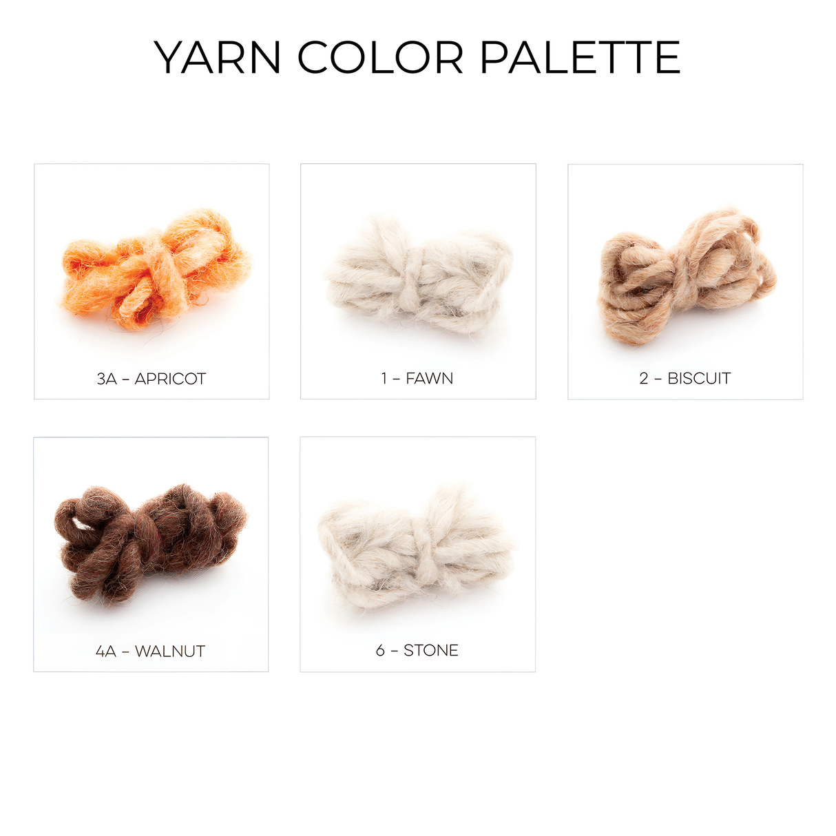 Five yarn bundles in Apricot, Fawn, Biscuit, Walnut, and Stone—arranged in a gradient—offer perfect hues for crafting the Tkach (Weaver) Wool Statement Bed Blanket, whether as a cozy layer or a bold focal point.