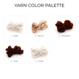 Five yarn color samples—Fawn, Biscuit, Cinnamon, Bark, and Stone—on a white background, showcasing the perfect shades for crafting your own Tkach (Weaver) Wool Statement Bed Blanket.