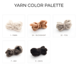 Five yarn samples in Fawn, Buckwheat, Fog, Ash, and Onyx—made from undyed wool—are displayed on a white background, ideal for pairing with your Iskara (Spark) Wool Bed / Couch Runner.
