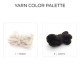 Two yarn samples—light beige "Fawn" and dark black "Onyx"—on white. Perfect for the Korysno Wool Bed/Couch Runner, each is handcrafted from 100% virgin undyed wool.