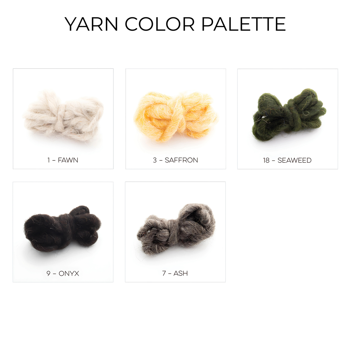 Five handcrafted wool yarn color samples—Fawn, Saffron, Seaweed, Onyx, and Ash—are arranged in a grid, showcasing perfect hues for rhombus-dot designs or cozy projects with the Myr (Peace) Wool Bed / Couch Runner.