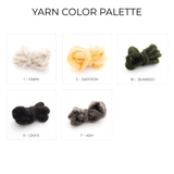 Five handcrafted wool yarn color samples—Fawn, Saffron, Seaweed, Onyx, and Ash—are arranged in a grid, showcasing perfect hues for rhombus-dot designs or cozy projects with the Myr (Peace) Wool Bed / Couch Runner.