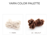 Two yarn samples for your Druh (Friend) Wool Statement Bed Blanket: light beige "Fawn" and dark brown "Walnut," both perfect for a natural wool look, shown on a white background.