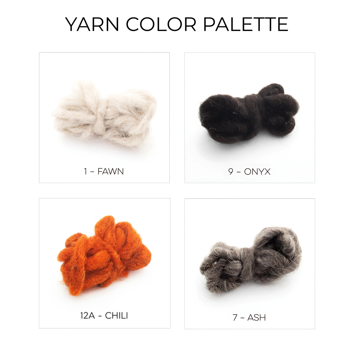 The Opora (Pillar) Wool Bed / Couch Runner features four yarn bundles—Fawn, Onyx, Chili, and Ash—crafted from Carpathian sheep’s wool, perfect for creating a unique color palette for your bed or couch.