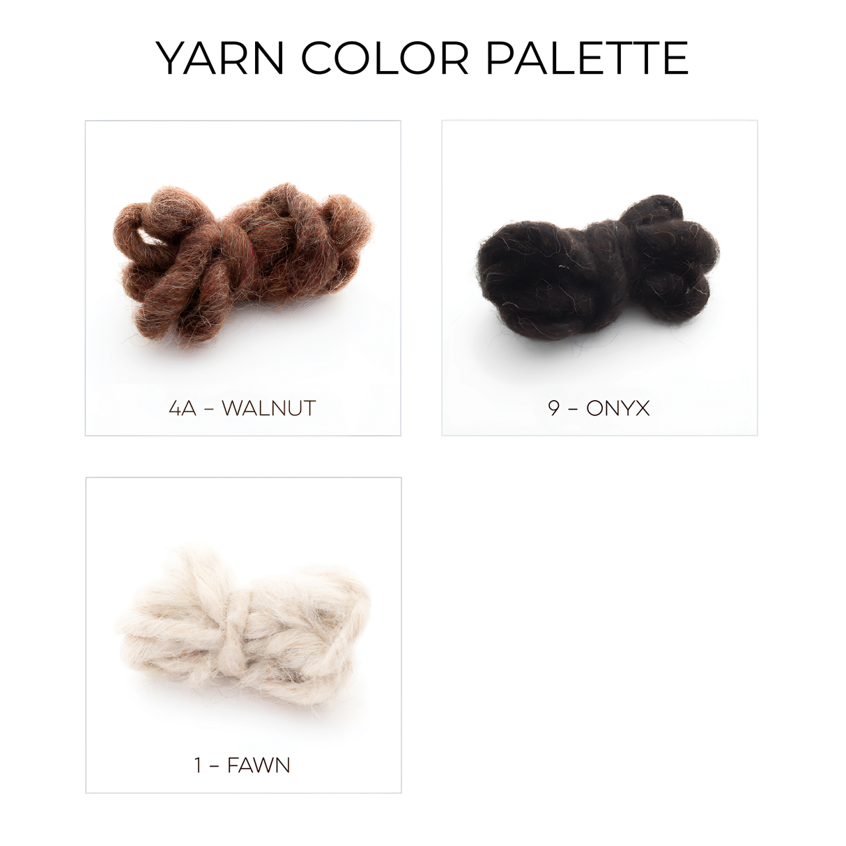 The Dobre (Good) Wool Framed Wall Art features three yarn skeins in Walnut (brown), Onyx (black), and Fawn (cream)—ideal shades for crafting striking geometric patterns or unique art pieces for your space.