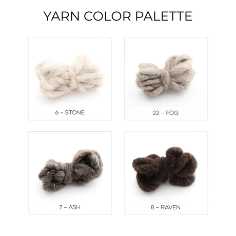 Karaliene (Queen) Wool Wall Hanging features four yarn samples—Stone (beige), Fog (light gray), Ash (gray), and Raven (dark brown)—ideal for creating a handcrafted piece.