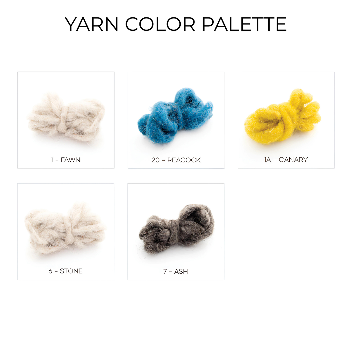 Five yarn colors—Fawn, Peacock, Canary, Stone, and Ash—are shown in a grid on white, highlighting the hues offered for your Mriya (Dream) Wool Wall Hanging, handcrafted from genuine Carpathian sheep wool.