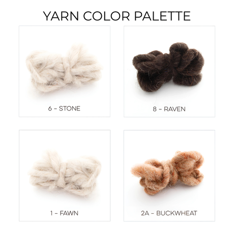 The Myr (Peace) Wool Wall Hanging features four bundles—Stone, Raven, Fawn, and Buckwheat—in natural undyed neutral and brown shades, ideal for Ukrainian-inspired projects or as an eye-catching wall accent.