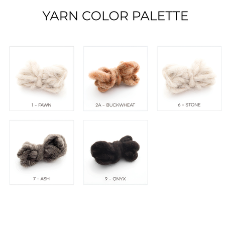 Five yarn samples labeled Fawn, Buckwheat, Stone, Ash, and Onyx on a white background—ideal for crafting the Svitlo (Bright) Wool Wall Hanging as a unique piece of art or statement wall decor.