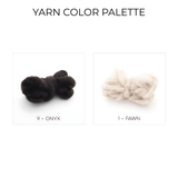 Two yarn samples, Onyx (black) and Fawn (light beige), made from undyed sheep's wool, are displayed under "Yarn Color Palette"—ideal for crafting the cozy Vira (Faith) Wool Framed Wall Art or accenting your cedar frame projects.