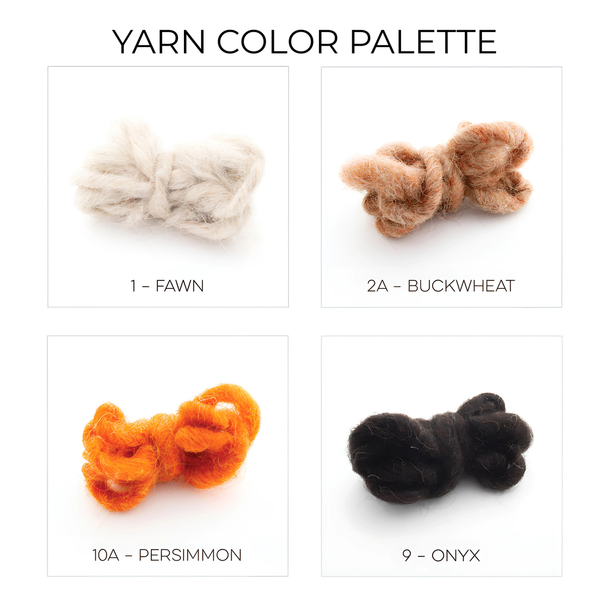 Four yarn color samples—Fawn, Buckwheat, Persimmon, and Onyx—spun from soft handcrafted wool are shown on white, perfect for making a Zirka (Star) Wool Wall Hanging inspired by the Ukrainian star.