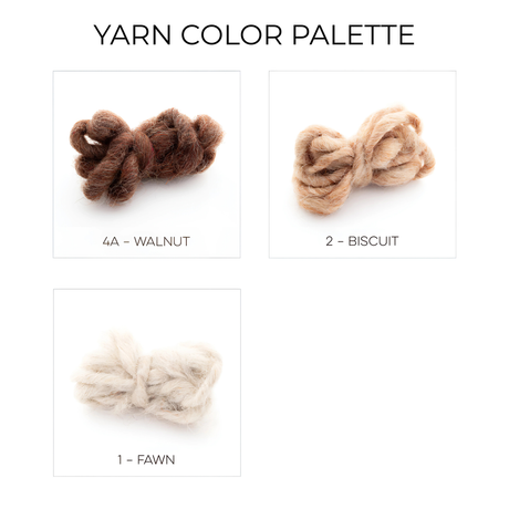 The Zytia (Life) Wool Wall Hanging features three yarn bundles—Walnut (dark brown), Biscuit (medium beige), and Fawn (light cream)—ideal for crafting a zigzag blanket or adding handmade Ukrainian decor to your space.