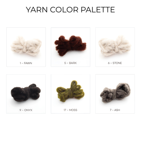 Grid of six small yarn skeins—Fawn, Bark, Stone, Onyx, Moss, and Ash—on white background. These are ideal for crafting the Faino (Fine) Wool Statement Bed Blanket or adding unique touches to your next handcrafted project.