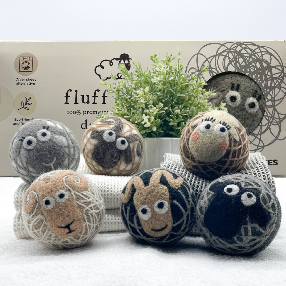 Pair of Fluff Ewes Natural Wool Dryer Balls 3 Pack for Darks & 3 Pack for Lights/Whites Bundle (58 USD value) - Whites/Lights & Darks Dryer Ball Pair