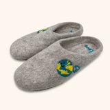 Love Ewe Hand-Felted Organic Wool Slippers for Women (Peace-DG) feature hand-sewn suede soles and an embroidered Earth and peace sign—offering a cozy, sustainable slipper option.