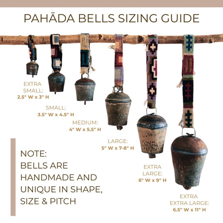 Six vintage handmade Pahāḍa yak, goat & sheep's bells from the Himalayas of Nepal and Tibet hang from woven straps, perfect as a Christmas ornament, wreath decor, or for a sound bath. 11" bell, supports fair trade artisans.