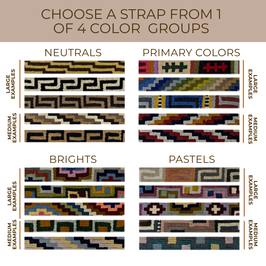 Medium Straps for Hanging Vintage Bells come artisan-made in neutrals, primaries, brights, and pastels, organized by color and pattern size, making them perfect for creating your own customizable bell hanger.