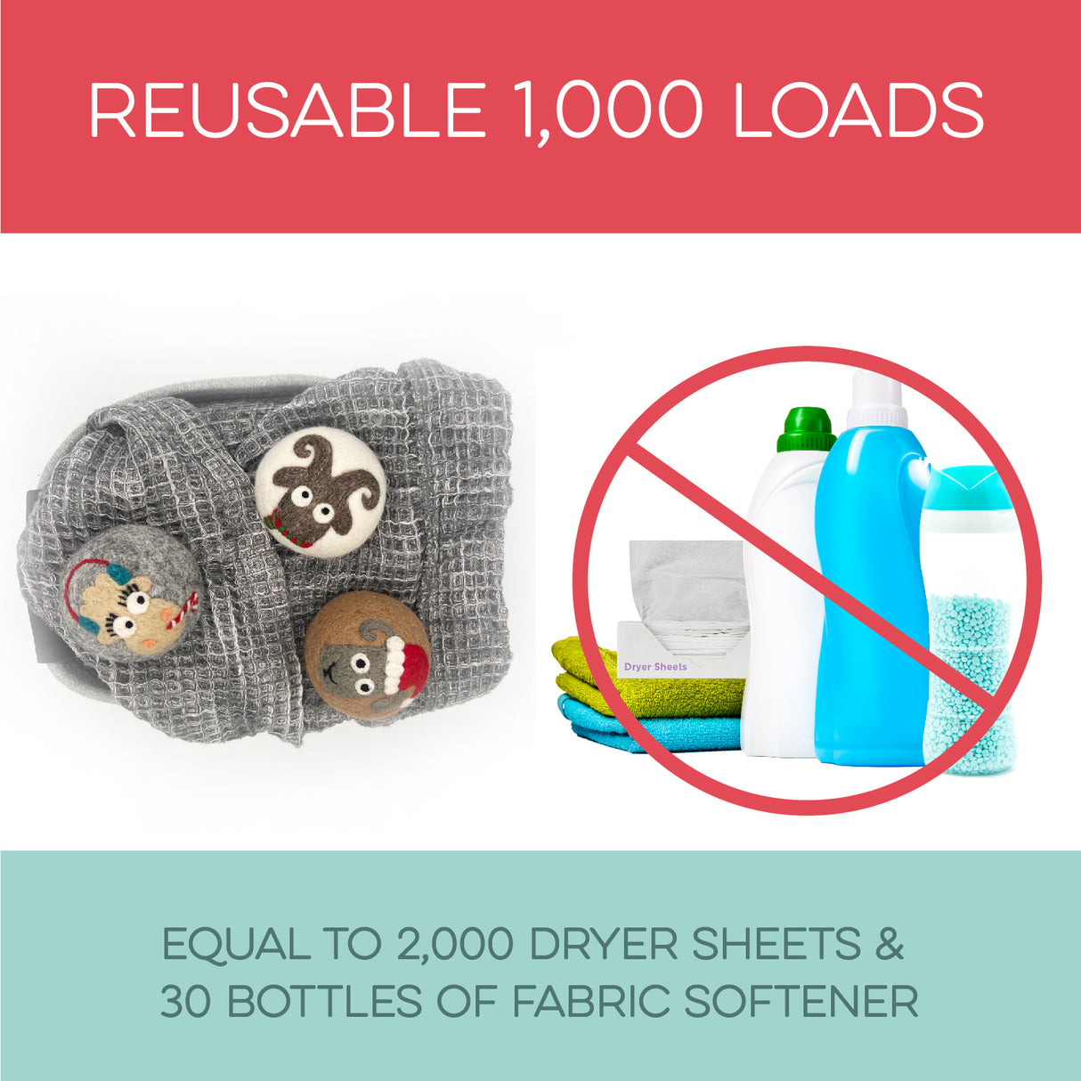 Fluff Ewes Premium XL Dryer Balls: "Sheep in Heavenly Peace" 3 pack, Holiday Limited Edition