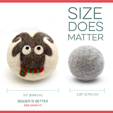 Fluff Ewes Premium XL Dryer Balls "Sheep in Heavenly Peace" Holiday 3 pack features a cute sheep face and size comparison. An eco-friendly, natural fabric softener alternative perfect for every home. Limited edition for the holidays!.