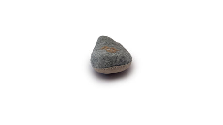 The Love Ewe Hand-Felted Organic Wool Slippers for Men (Beau-G) feature a gray design with a stitched bear face, handmade in Nepal from organic wool, shown from the front on a white background.