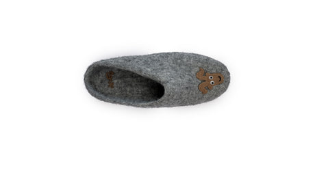 The Love Ewe Hand-Felted Organic Wool Slippers for Men (Beau-G) are gray, handmade in Nepal, feature a cartoon moose face on the toe, and are displayed from above on a white background.