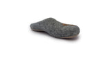 A single Love Ewe Hand-Felted Organic Wool Slipper for Men (Beau-G) from Nepal, gray with a tan sole and a small brown accent, handmade from organic wool, displayed on a white background.