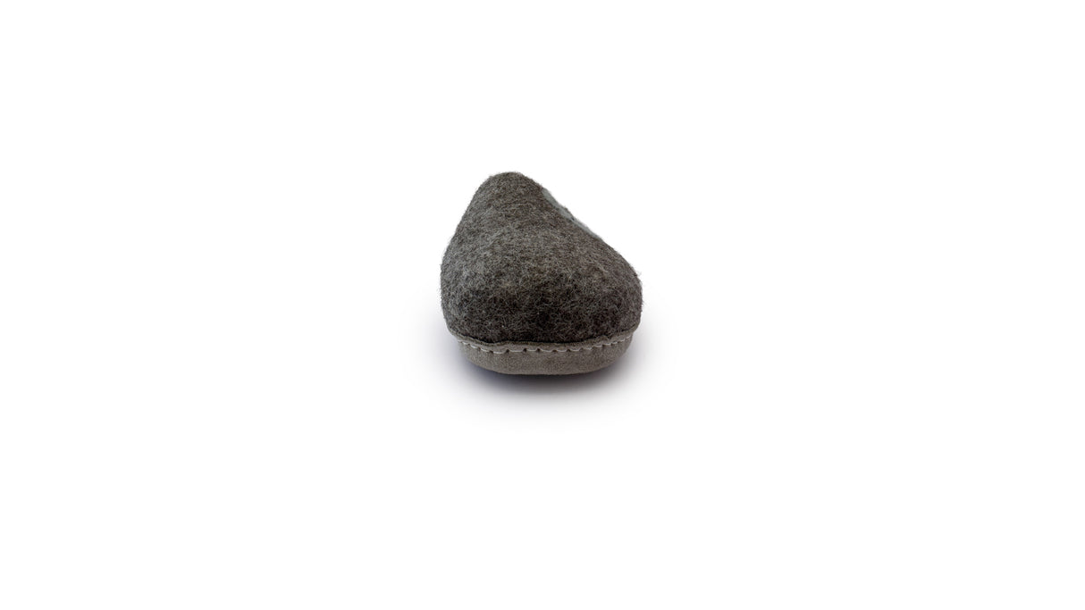A front view of a single Love Ewe Hand-Felted Organic Wool Slipper for Men in bluish gray, handmade in Nepal, displayed on a white background.