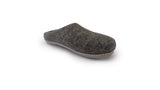 A single Love Ewe Hand-Felted Organic Wool Slipper for Men (Blu-B), handmade in Nepal with a closed toe and light gray sole, is shown on a white background.