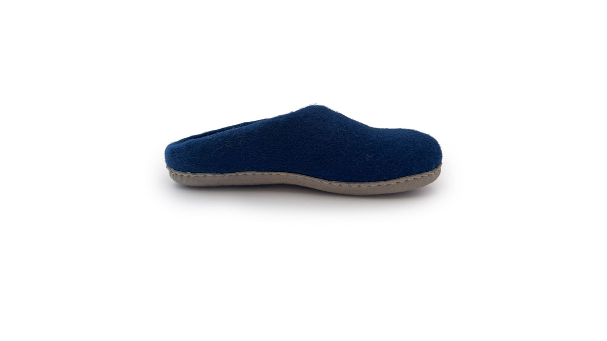 The Love Ewe Hand-Felted Organic Wool Slippers for Women (Blu-BL), shown in blue with a gray sole, are crafted from organic New Zealand wool and displayed in a side view on a white background.