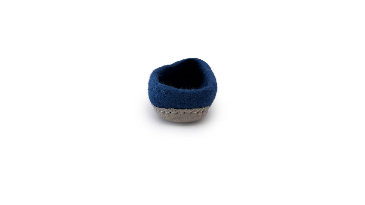 The Love Ewe Hand-Felted Organic Wool Slippers for Women (Blu-BL) in blue and gray are shown from the back against a white background.