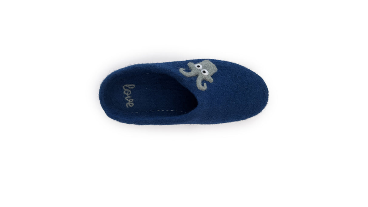 A Love Ewe Hand-Felted Organic Wool Slipper for Women (Blu-BL) made from New Zealand wool, seen from above, features an embroidered octopus and "love" on the insole.