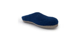 A Love Ewe Hand-Felted Organic Wool Slipper for Women (Blu-BL) with a beige sole is shown on a white background.