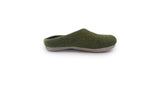 The Love Ewe Hand-Felted Organic Wool Slippers for Men (Blu-G) are shown in a side view on a white background. These handmade, green wool slippers with a beige sole are crafted in Nepal for comfort and style.
