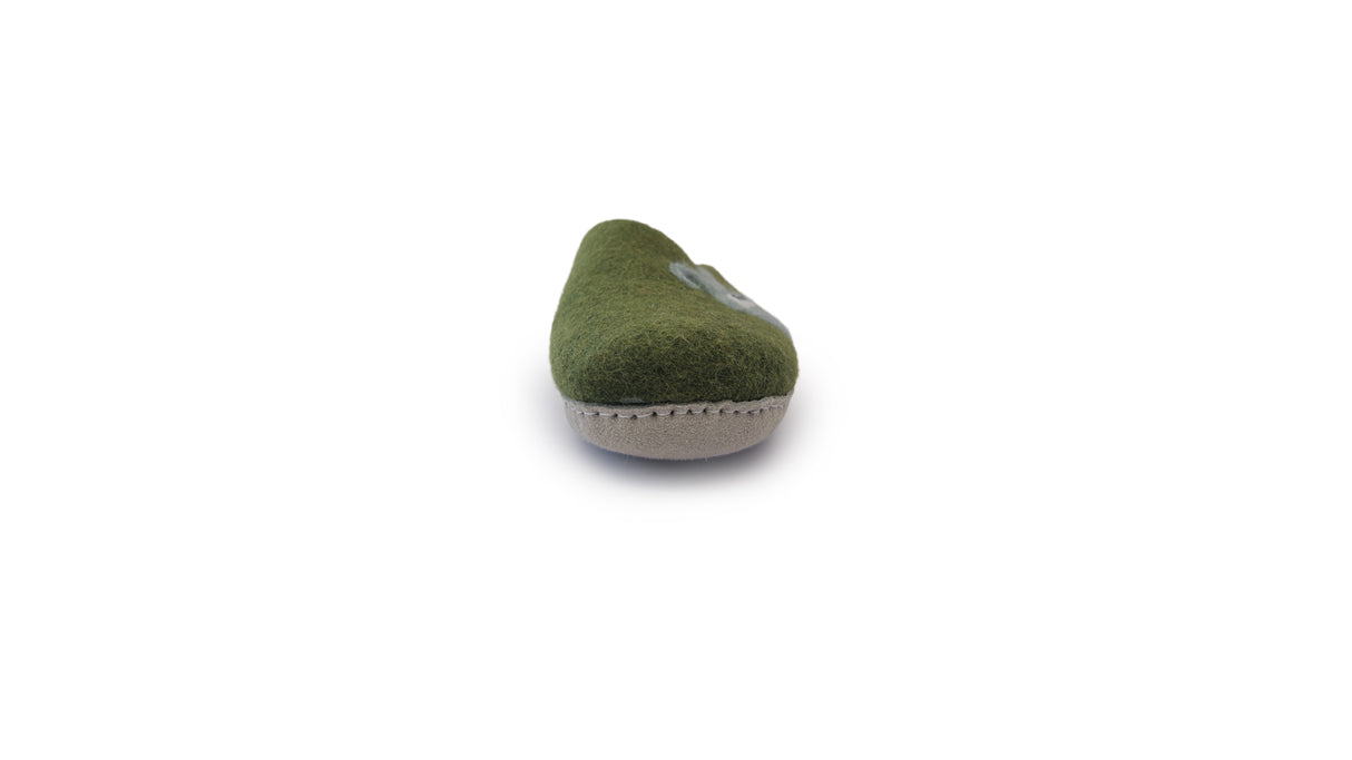 Love Ewe Hand-Felted Organic Wool Slippers for Men (Blu-G) shown from the front, crafted in green organic wool with a beige sole, displayed against a white background.