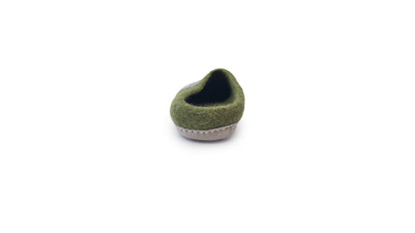 A single Love Ewe Hand-Felted Organic Wool Slipper for Men (Blu-G), handmade in Nepal, is shown from the back against a white background.