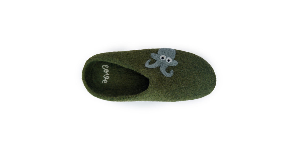 The Love Ewe Hand-Felted Organic Wool Slippers for Men (Blu-G) are handmade in Nepal from organic wool and feature a charming green design with a small gray octopus on top.