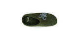 The Love Ewe Hand-Felted Organic Wool Slippers for Men (Blu-G) are handmade in Nepal from organic wool and feature a charming green design with a small gray octopus on top.