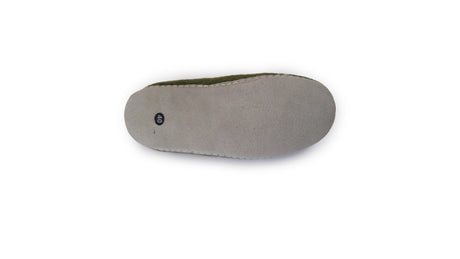 The bottom view of a light gray sole with a small black "18" sticker showcases the quality of Love Ewe Hand-Felted Organic Wool Slippers for Men (Blu-G), handmade in Nepal.
